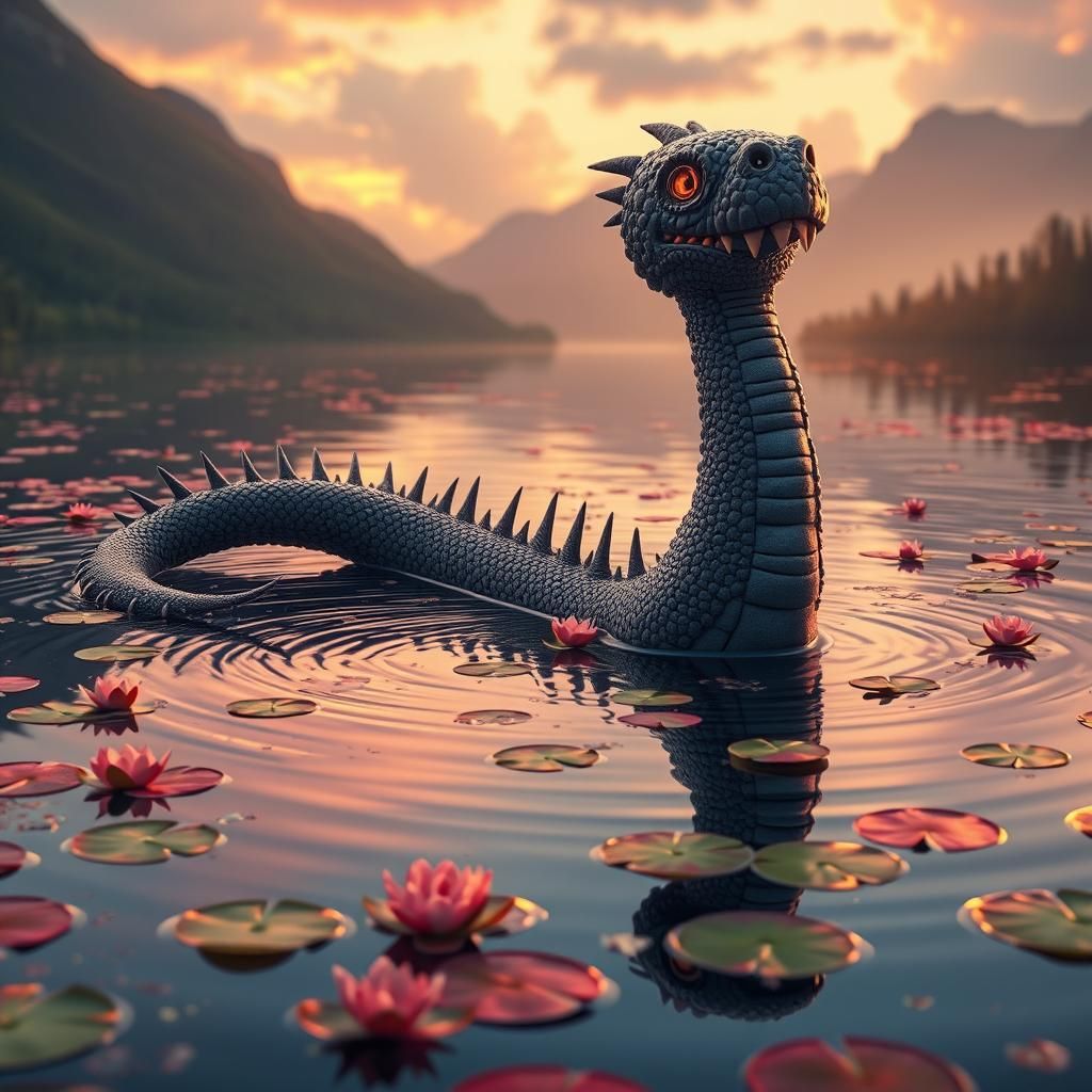 Cute Nessy Monster in Loch Ness: 3D Anime Art