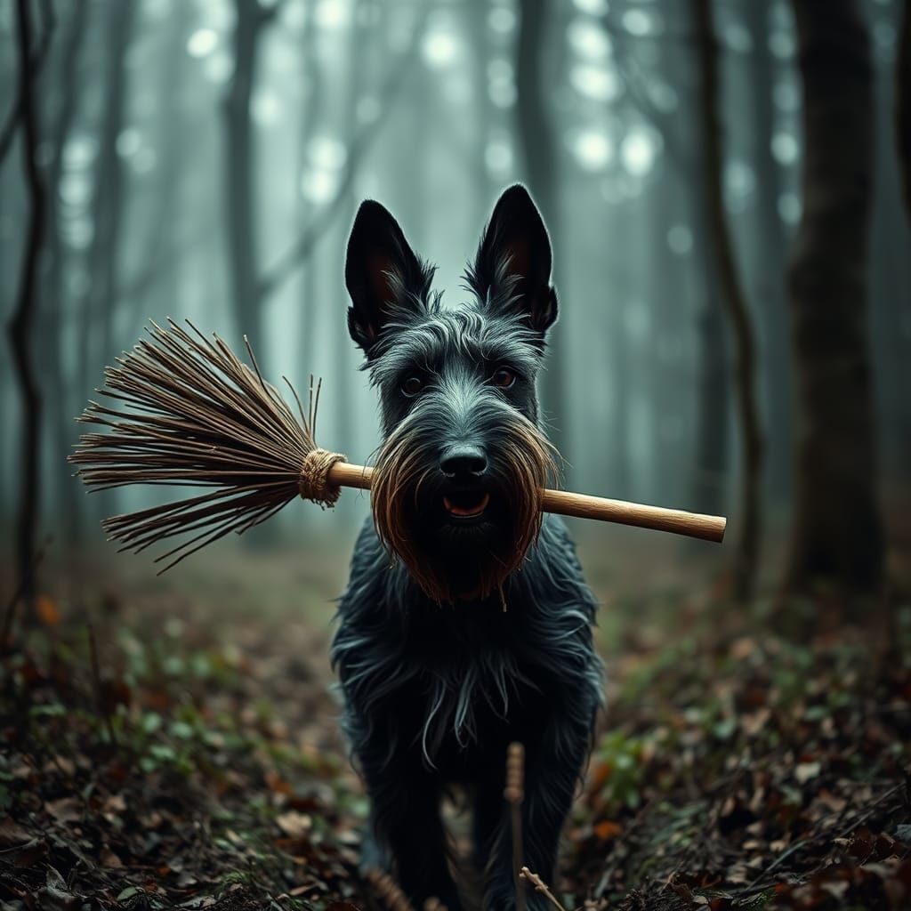 Scottish Terrier Carries Broom Through Creepy Forest