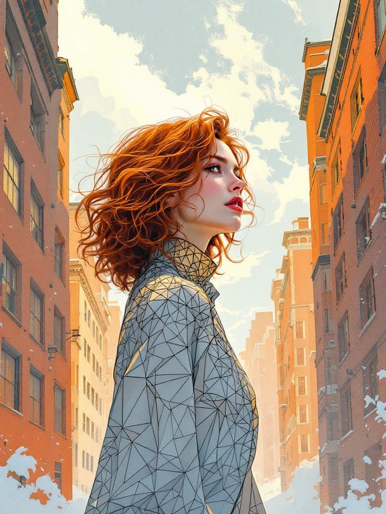 Red Haired Figure in Geometric Urban Canyon