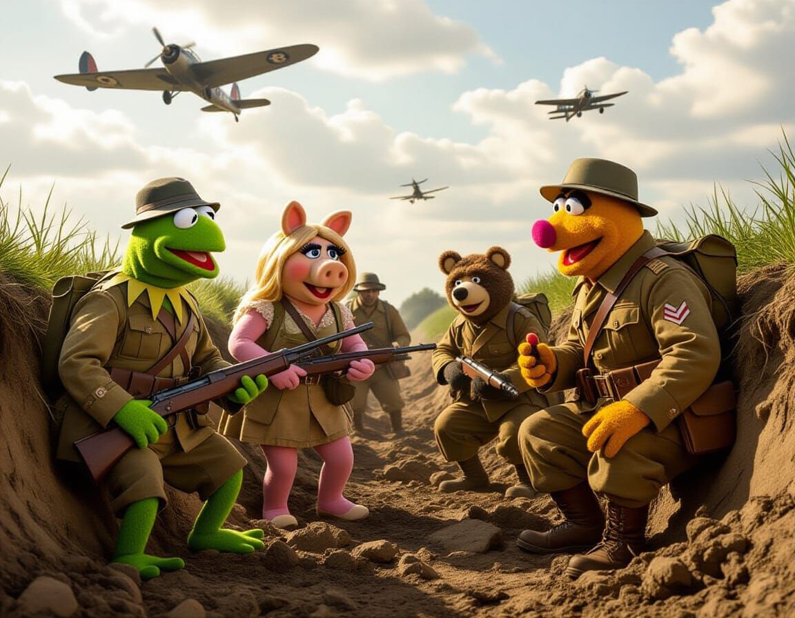 Muppet soldiers during world war 1 as they fight in the trenches