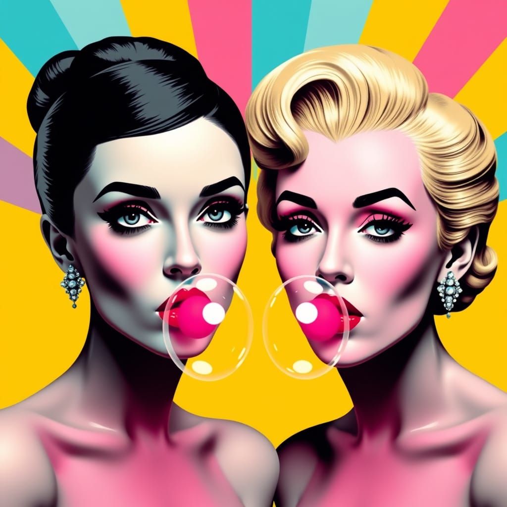 Pop Art Portrait of Audrey and Marilyn Blowing Bubbles in Ch...