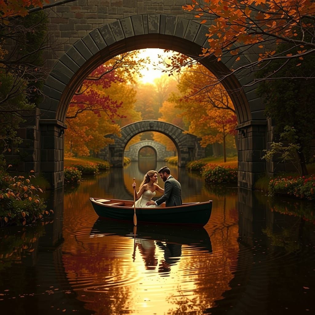 Romantic Autumn Scene Under Ancient Bridge