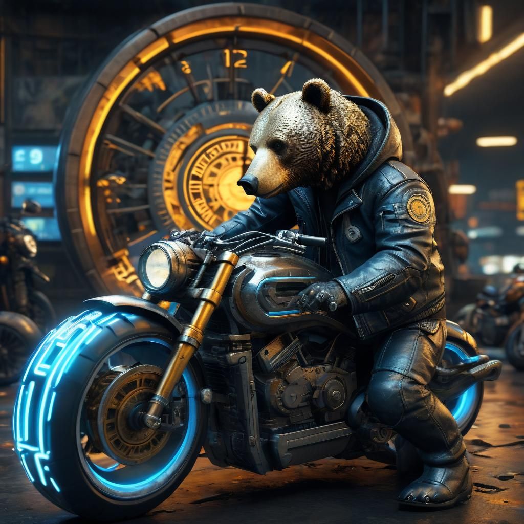 Bear Rides Motorcycle Through Clock Portal in Digital Art