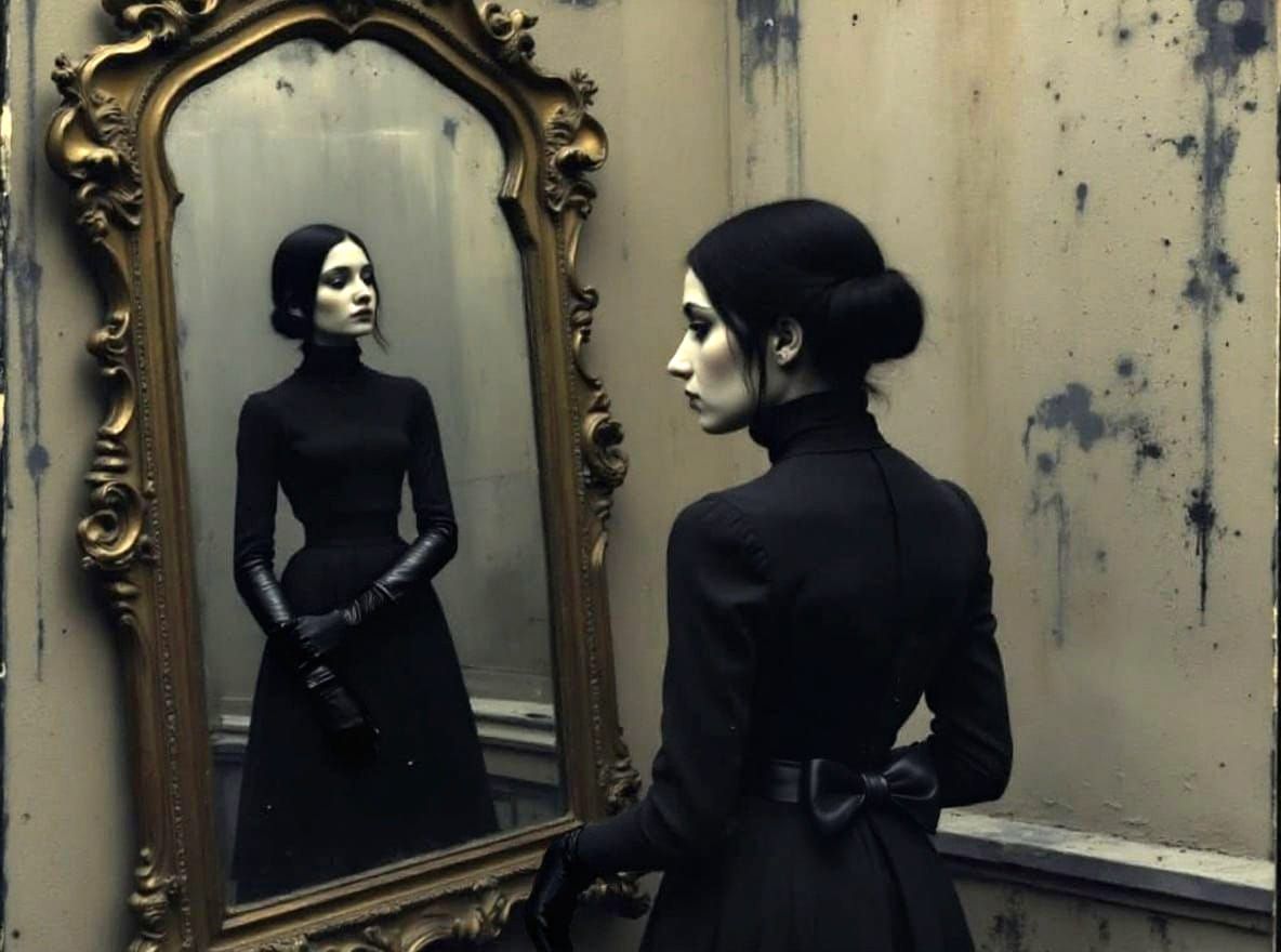 Goth Girl Portrait Reflected in Ornate Gilded Mirror