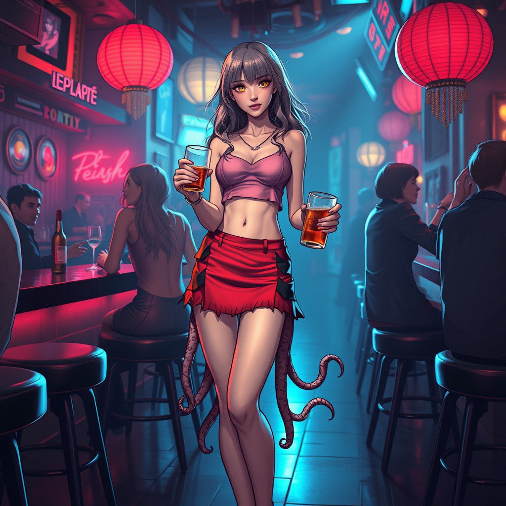 Tipsy Party Girl with Tentacles in CGI Comic Art