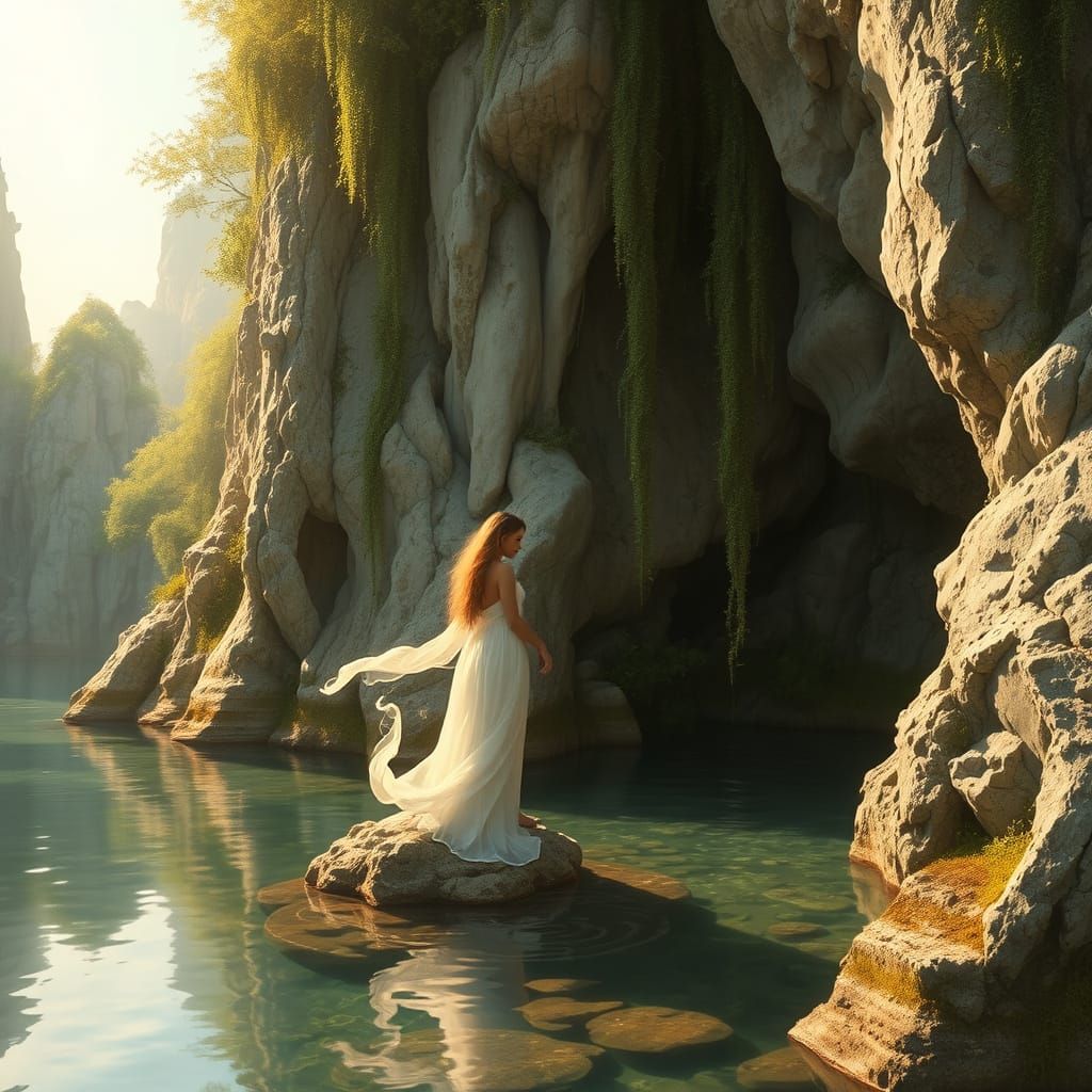 Ethereal Lady in Hidden Cove with Towering Cliffs and Vines
