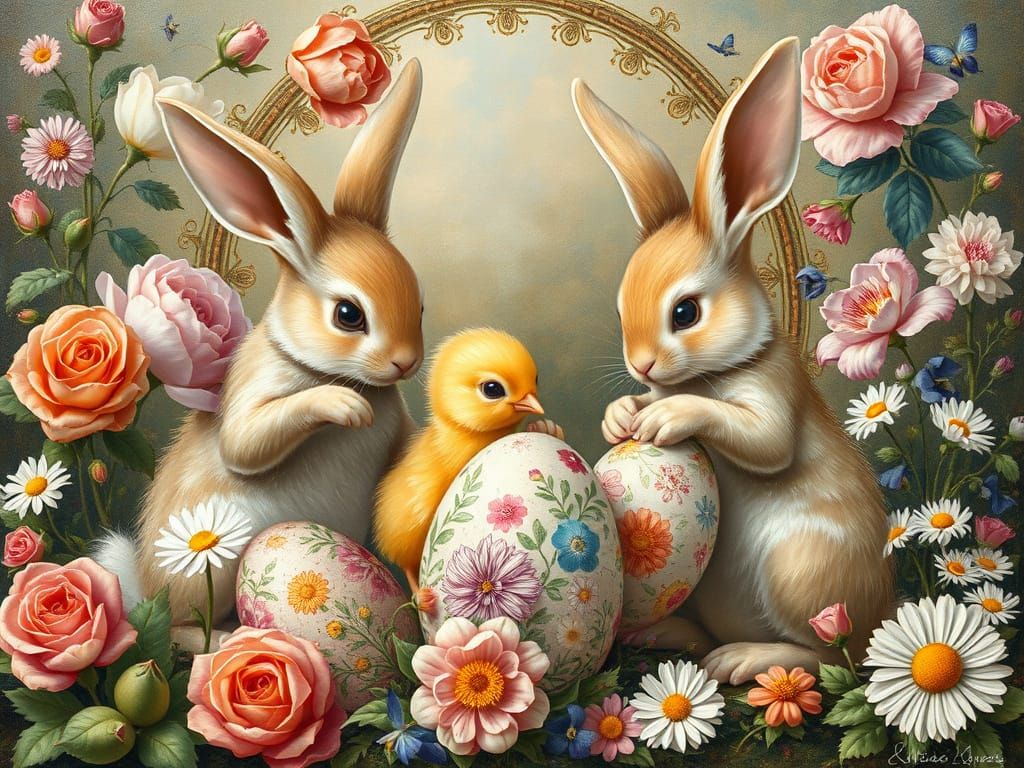 Bunnies Painting Easter Eggs in Renaissance Style