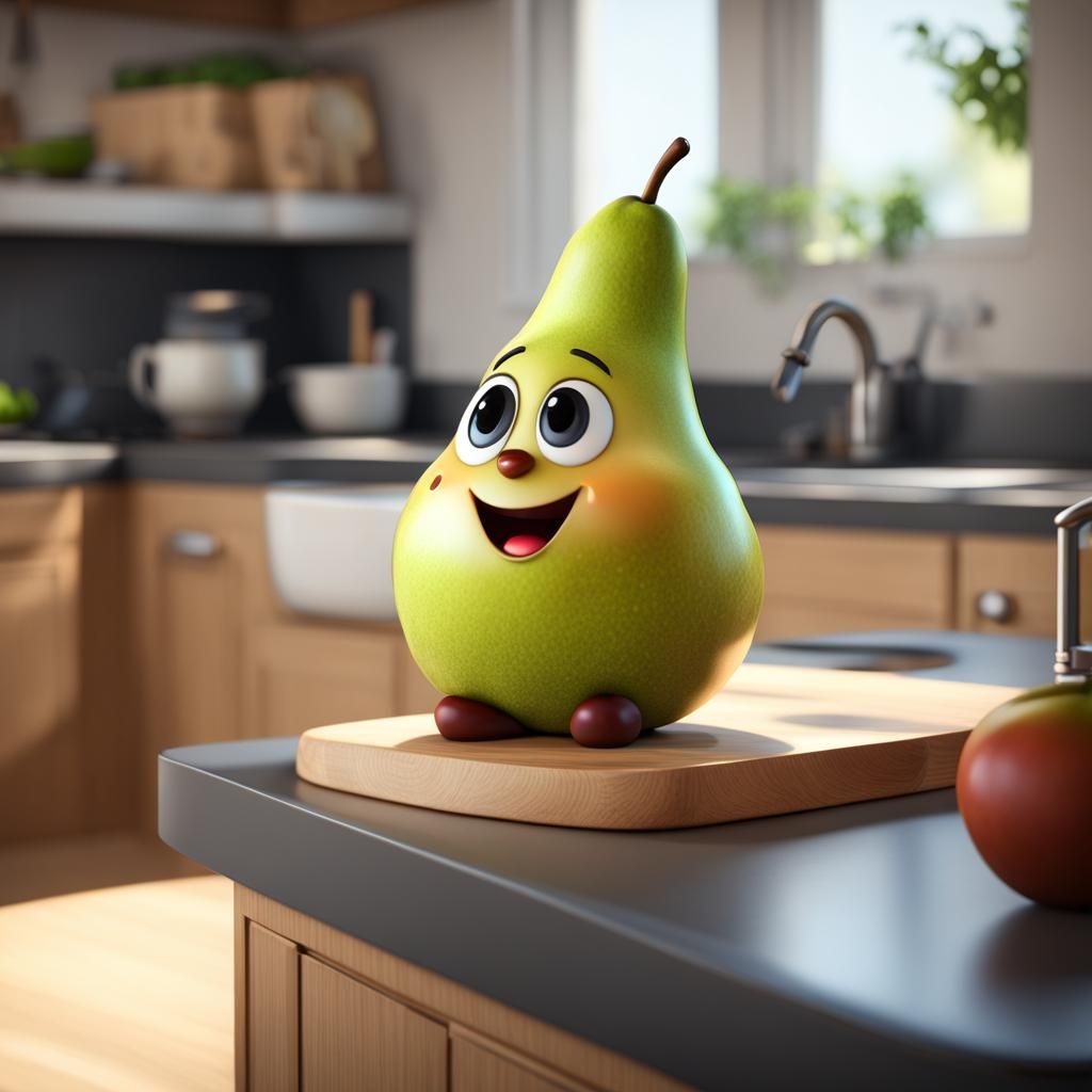 Anthropomorphic Chibi Pear on Kitchen Counter in 3D
