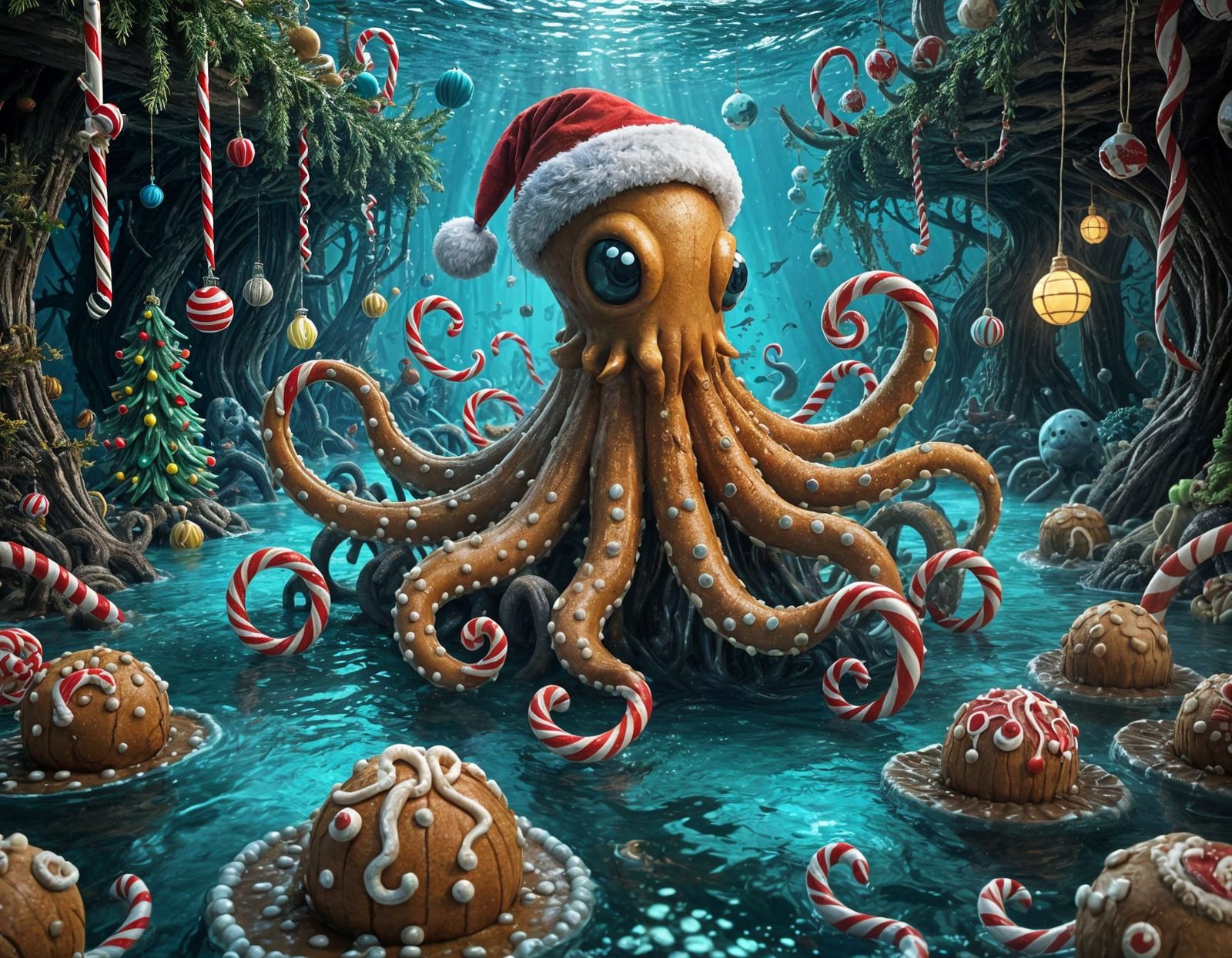 Friendly Kraken Celebrates Christmas With Gingerbread Monste...