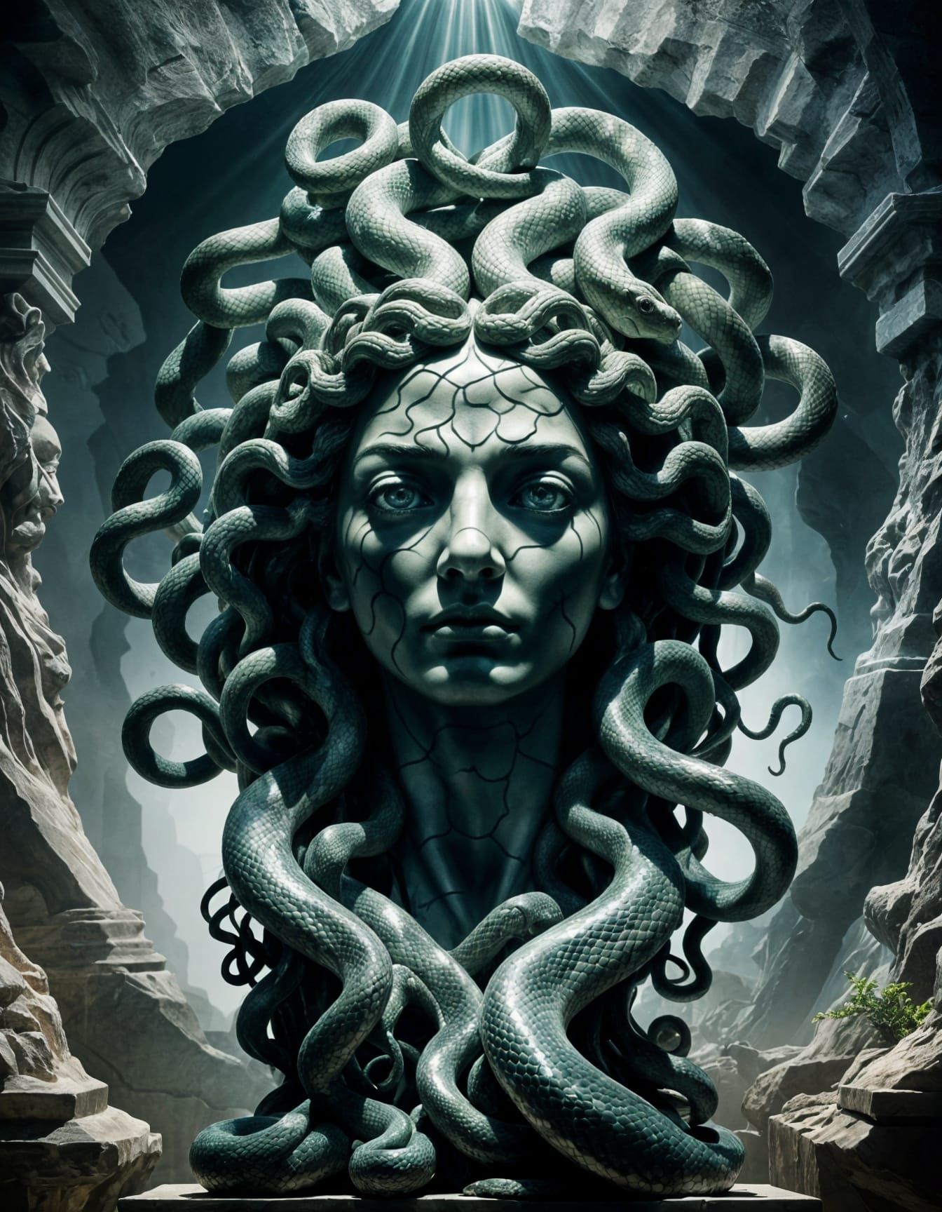 Medusa Silhouette Double Exposure with Petrified Statues