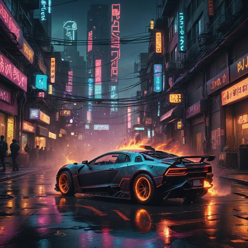 Cyberpunk Supercar Jet Burning Wheels in Cityscape