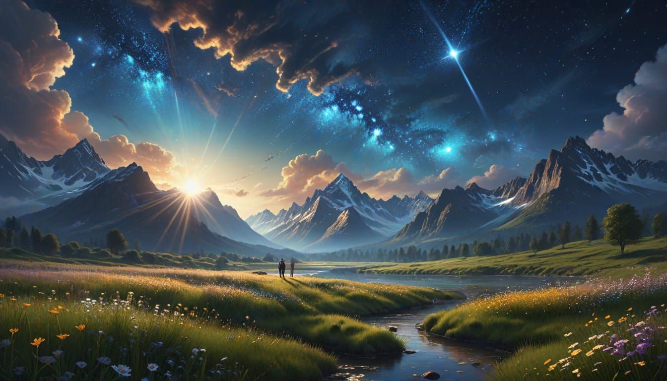 People Gazing at Cosmic Night Sky Over Mountain Landscape