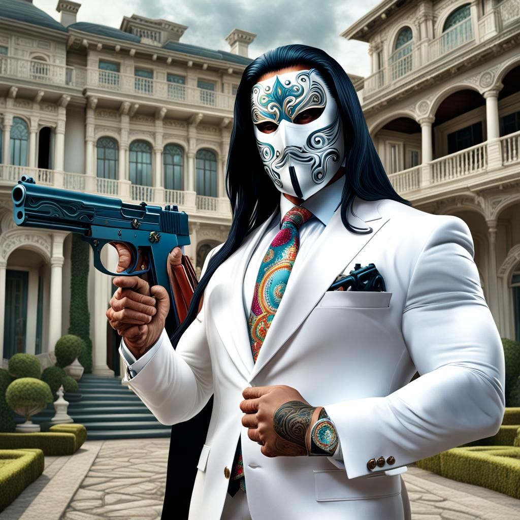 A  very large muscular man wearing a white suit and tie, he wears a mask resembling a spreading Infection on his face, w...