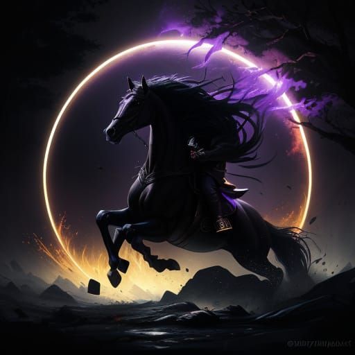 Dark Fantasy Horse with Amber Eyes in Forest