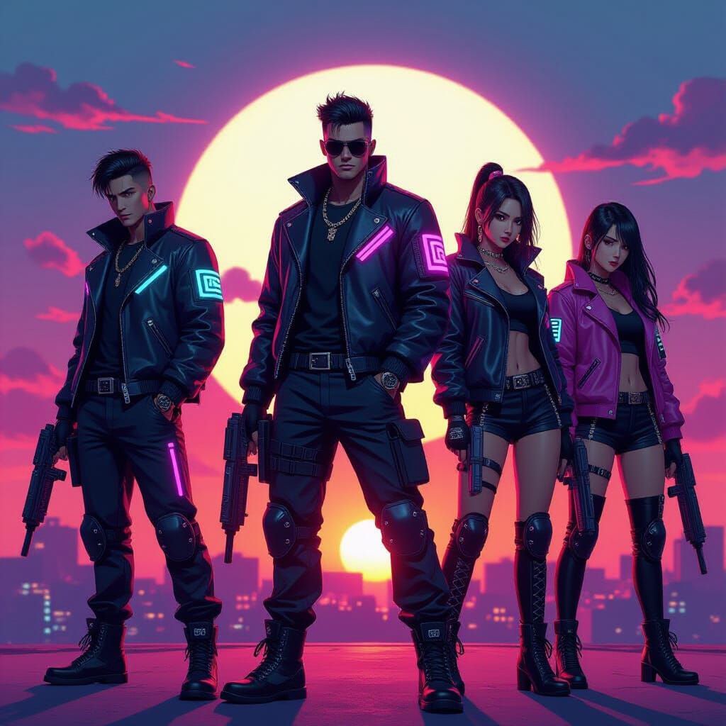 Cyberpunk Monster Hunters in K-POP Anime Style