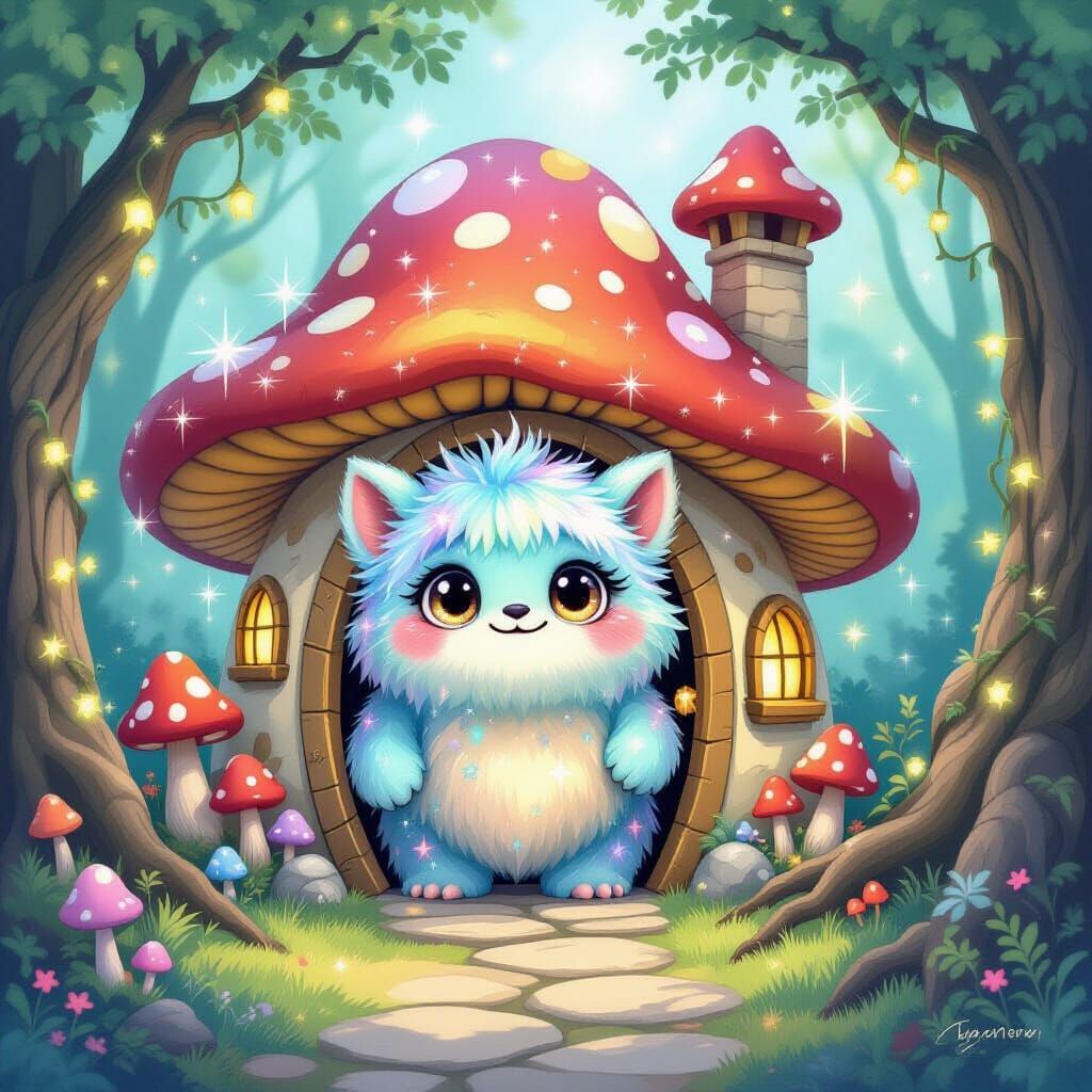 Whimsical Monster Peeks from Mushroom House in Watercolor St...