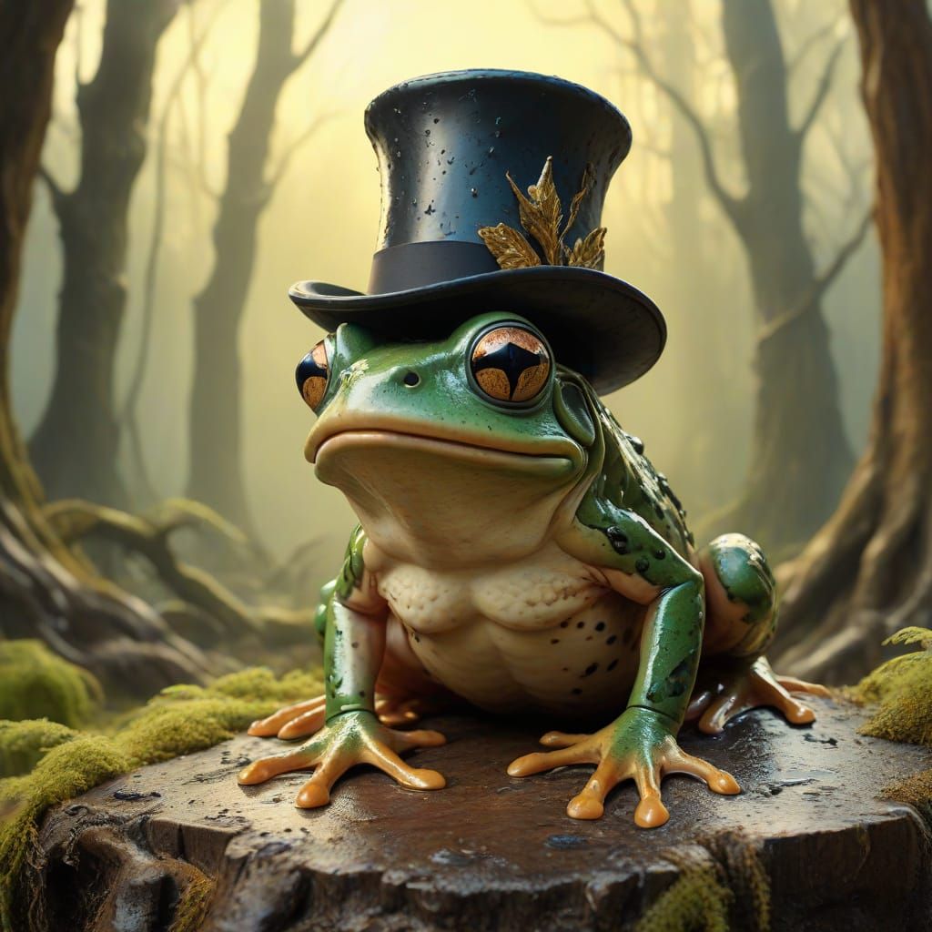Surreal Frog in Bowler Hat, Vivid Oil Painting