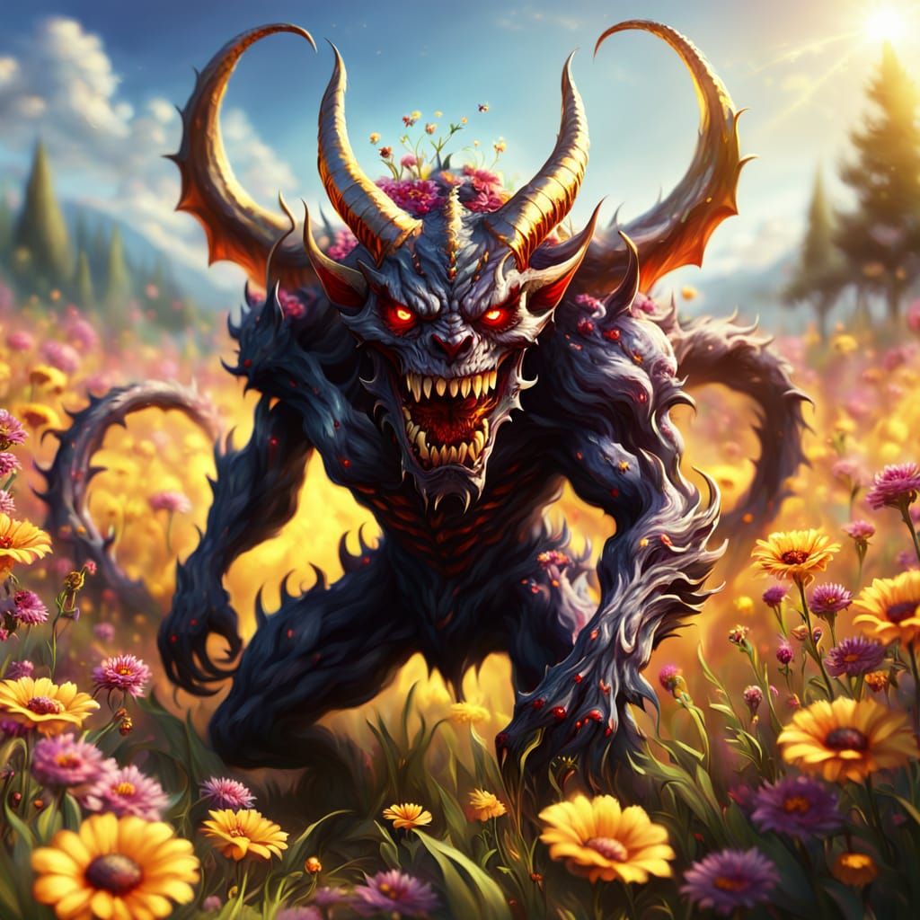 Demonic Demon in a Flower Field: Fantasy Art