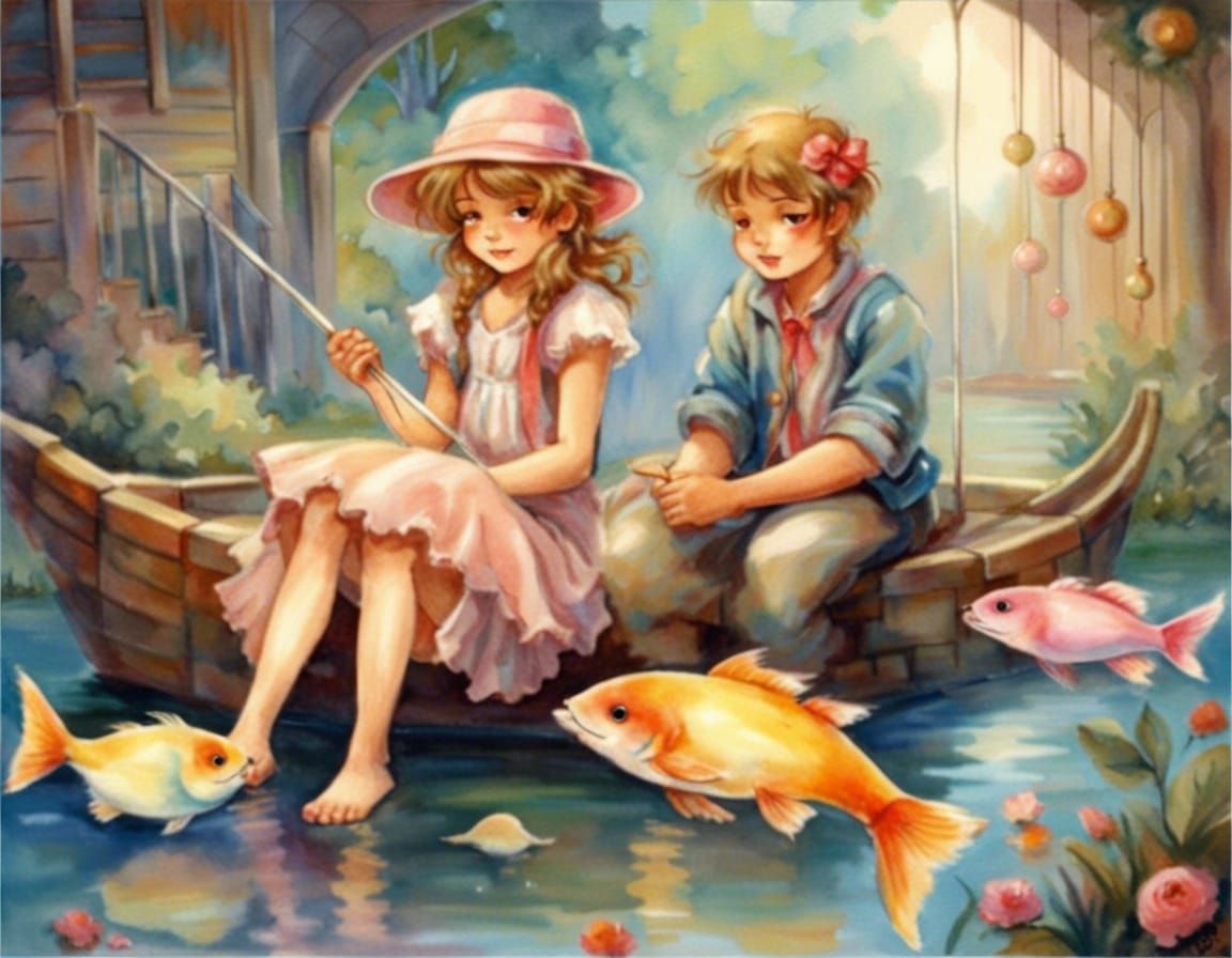 Children Fishing: Shabby Chic Watercolor Illustration