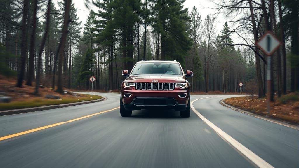 Dark Burgundy Jeep Grand Cherokee on Forest Road