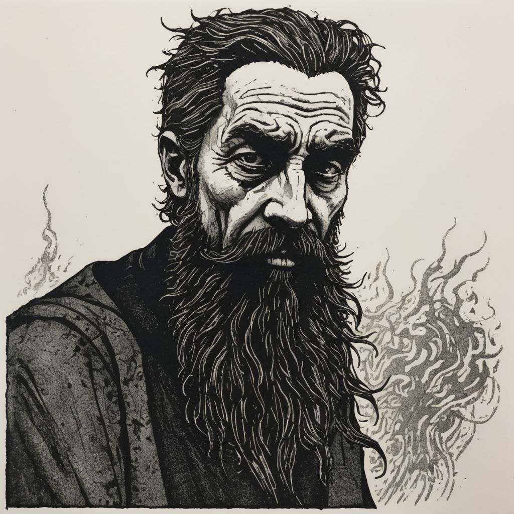 Sinister Figure with Goatee in Grimdark Linocut Style