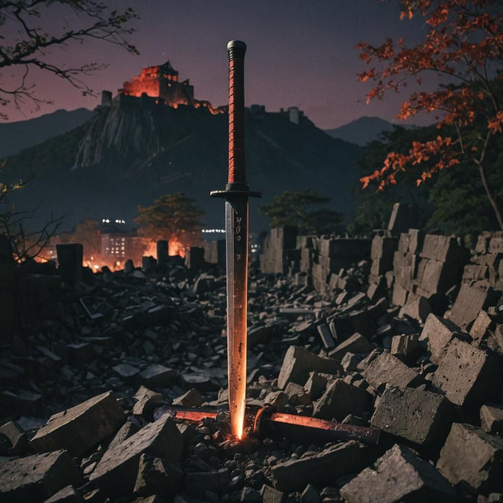 Dramatic Samurai Sword in Ruined Castle, Hyperrealistic