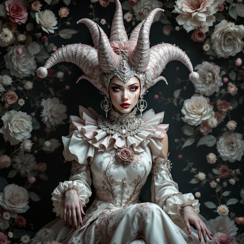 Female Jester in Gothic Floral Dreamscape