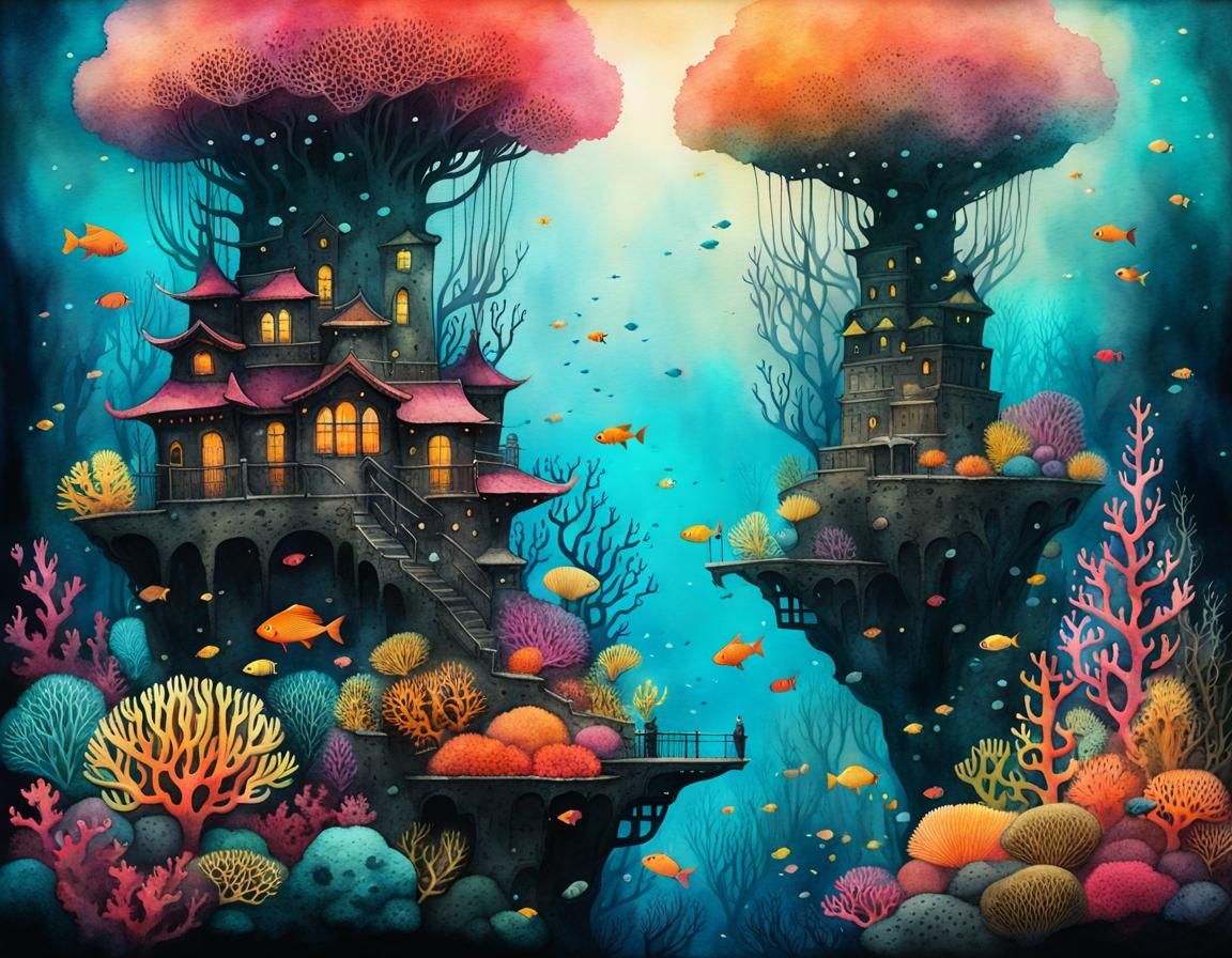 Vibrant Coral City Underwater Watercolor Painting