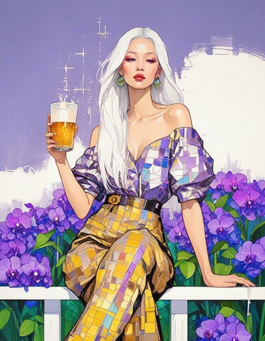 Cybernetic Woman with Orchids in Mosaic Style