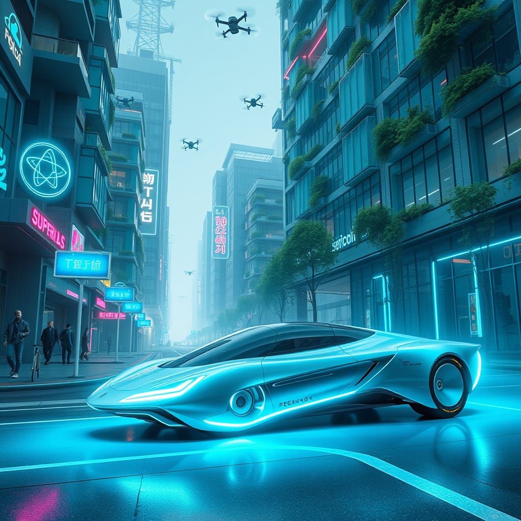 Futuristic City Street with Floating Car in Sci-Fi Realism