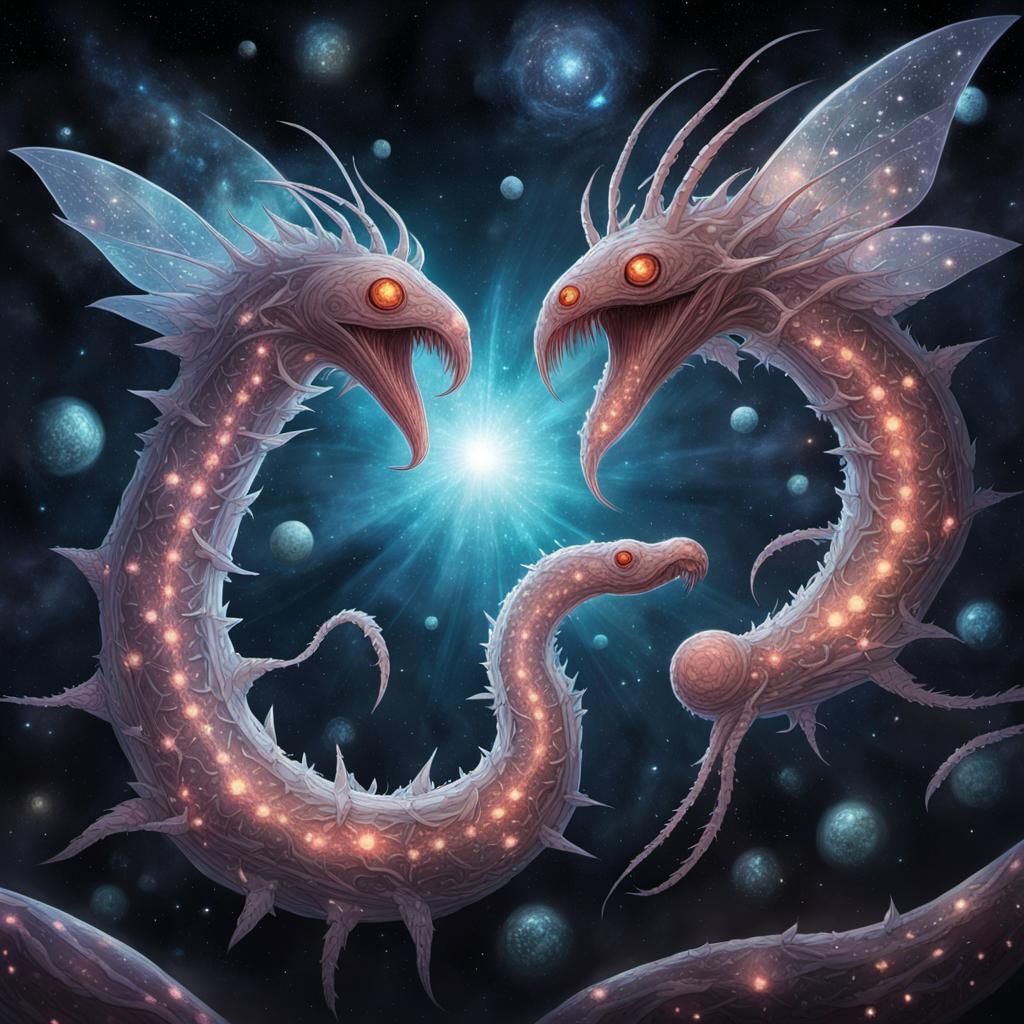 Crystal Flesh Worms Fly Through Starry Space