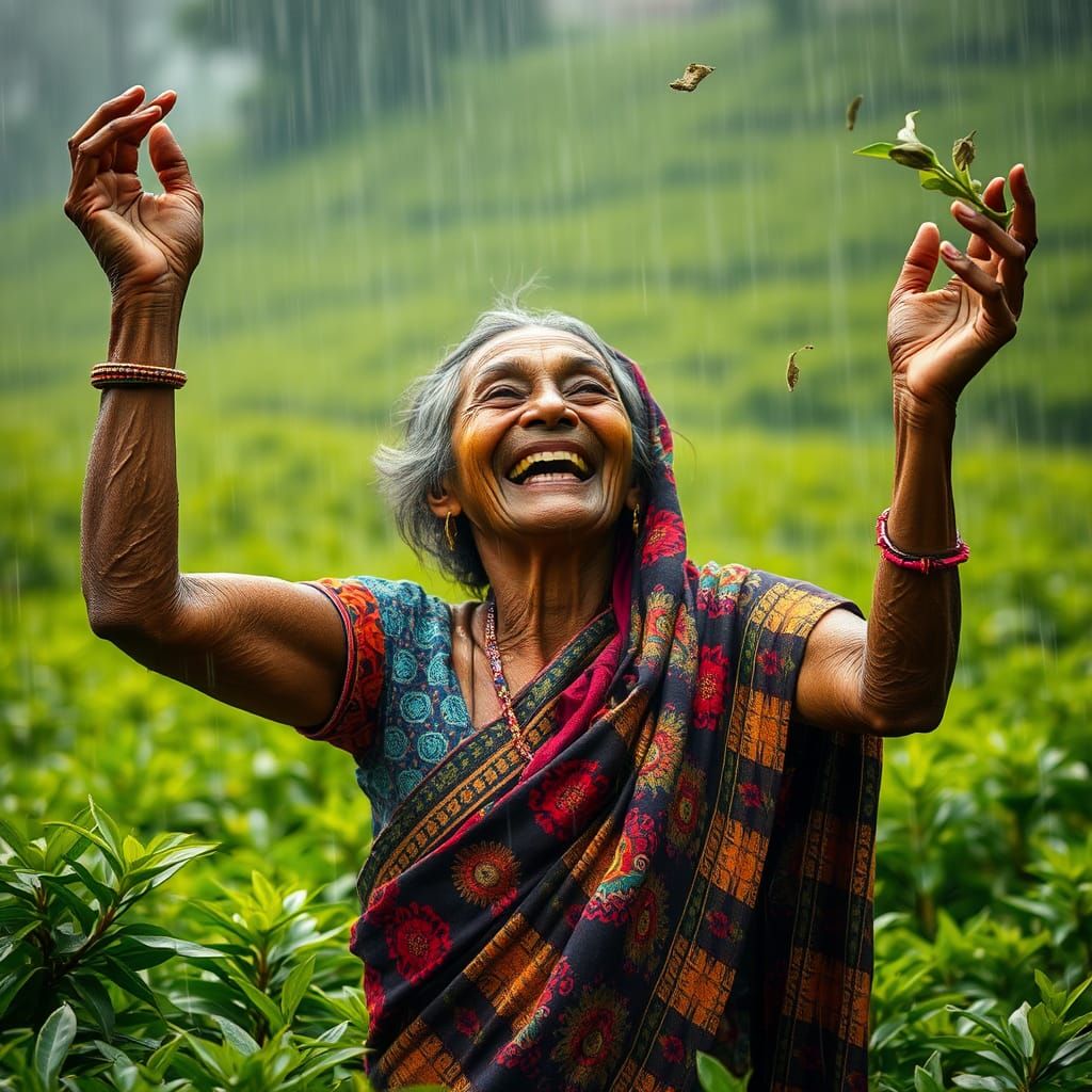 Joyful Tea Picker in Monsoon Rains