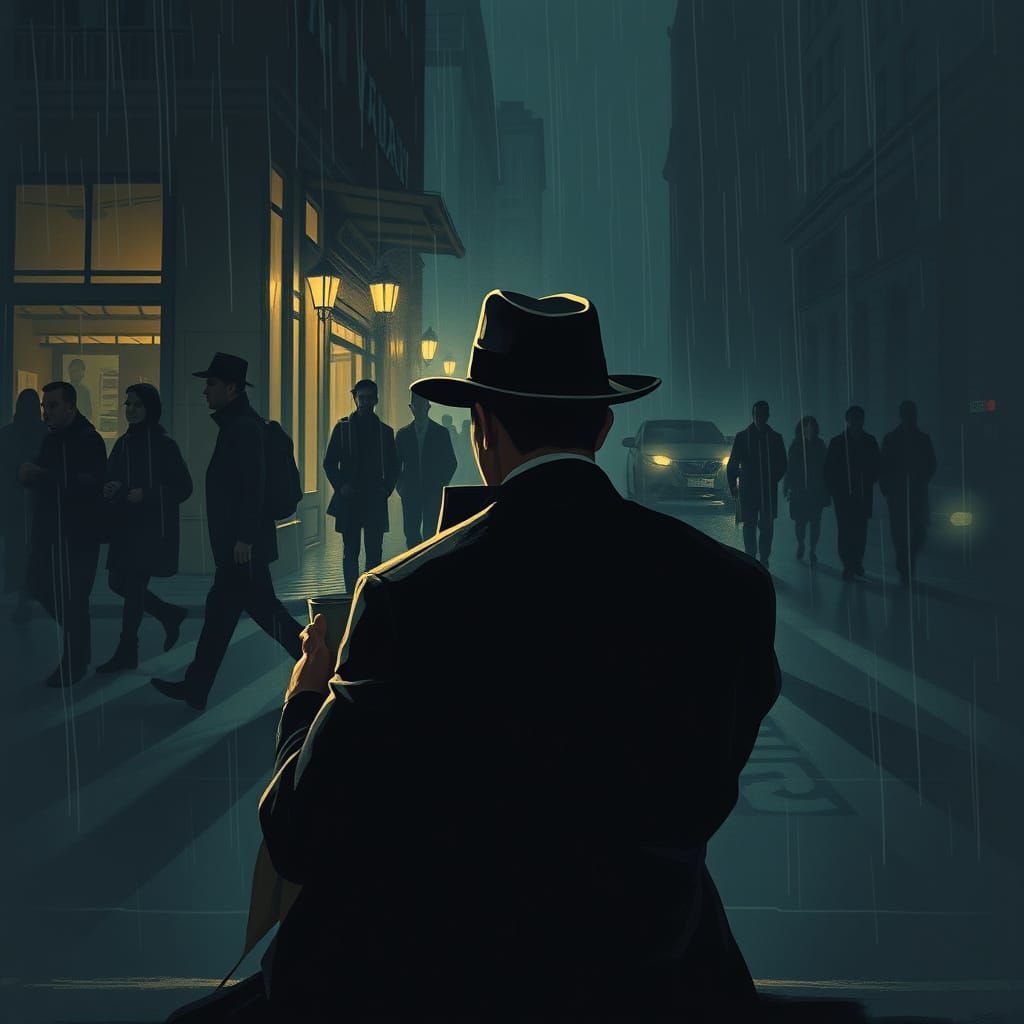 Man in Rainy Cityscape Watches Shadows