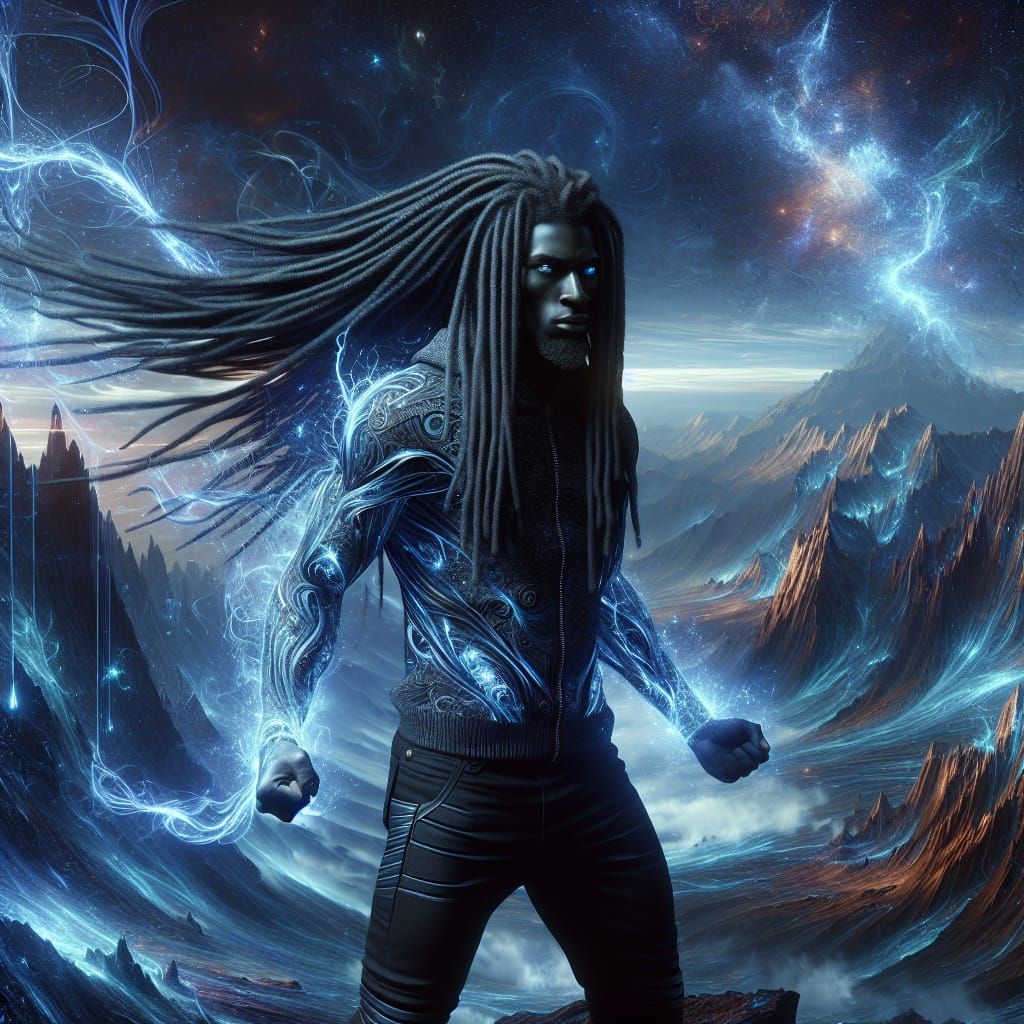 Afrofuturistic God Commands Lightning in Cosmic Valley