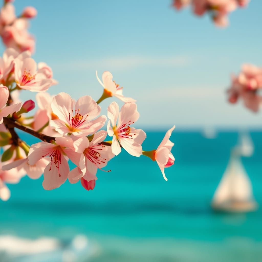 Vibrant Fruit Blossoms Against Turquoise Sea