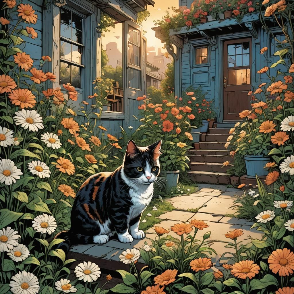 Cat Among Flowers at Dawn: Comic Book Art