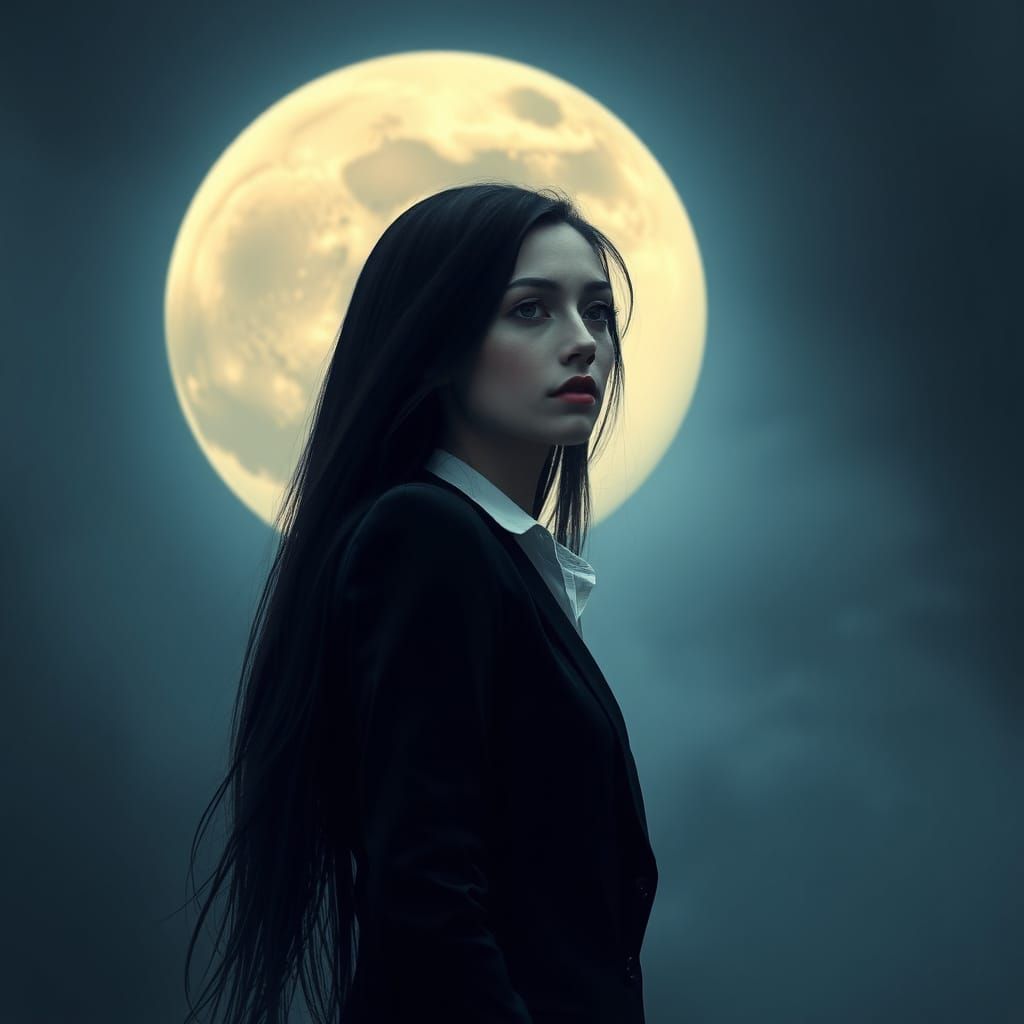 Ethereal Woman Confronts the Full Moon in a Haunting Hyperre...