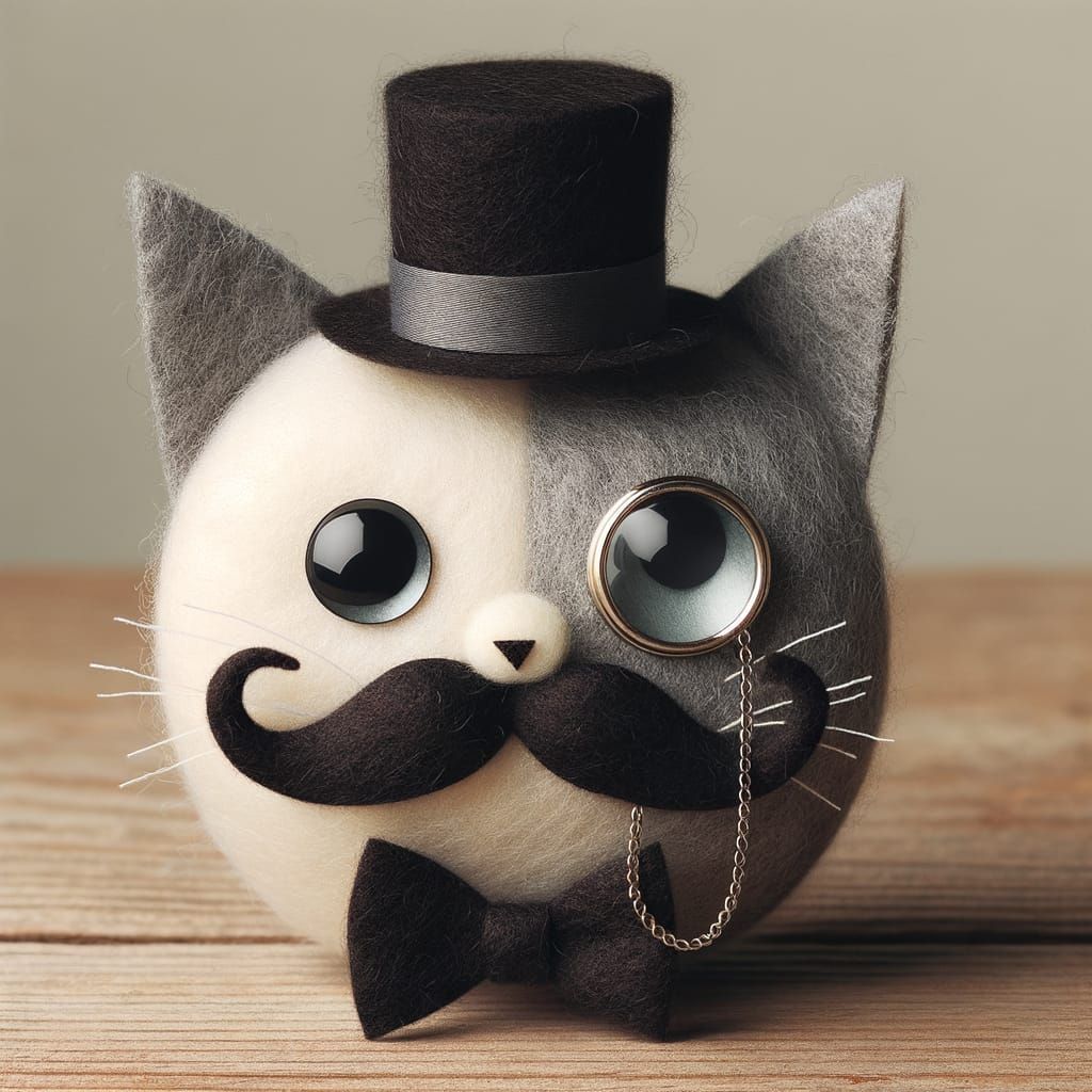Felted cat with monocle, top hat and mustache
