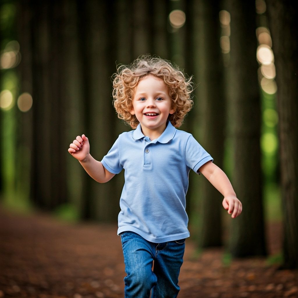 Joyful Blond Boy Running Through Forest at Twilight