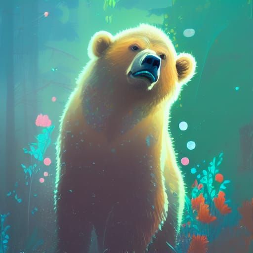 Cute Grizzly Bear with Luminous Crystals
