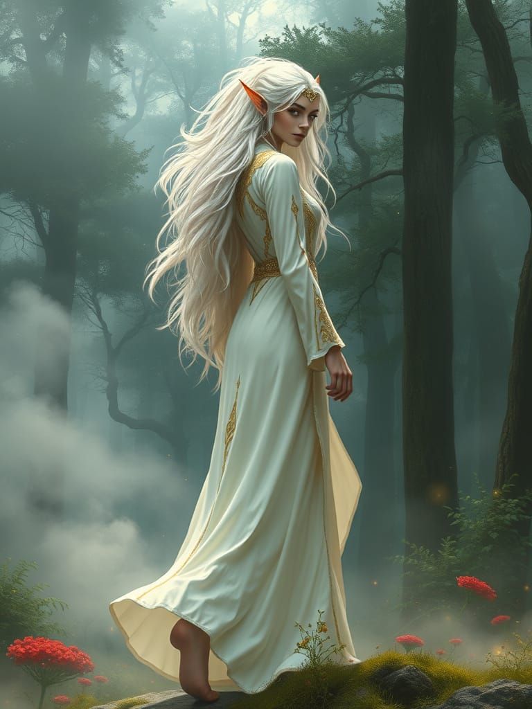 Ethereal Elf Emerges from the Forest in Vibrant Fantasy Styl...