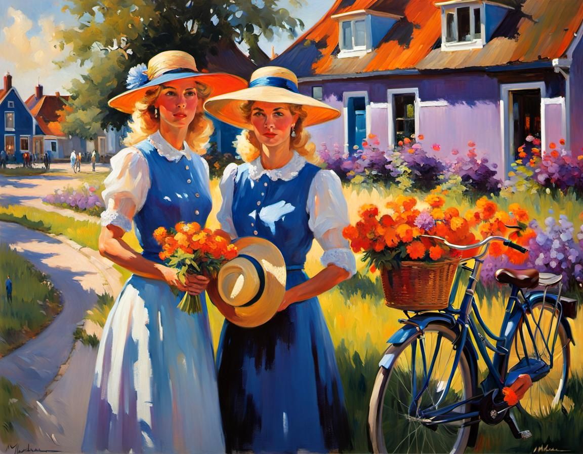 Dutch Women in Summer Dresses: Impressionist Painting