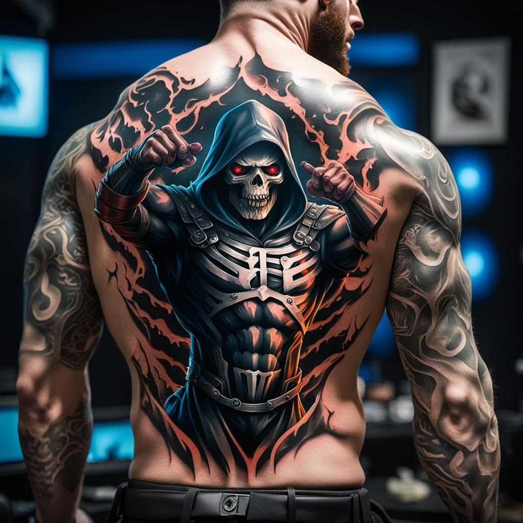 3D tattoo on wrestlers back of reaper swinging sickle rippin...