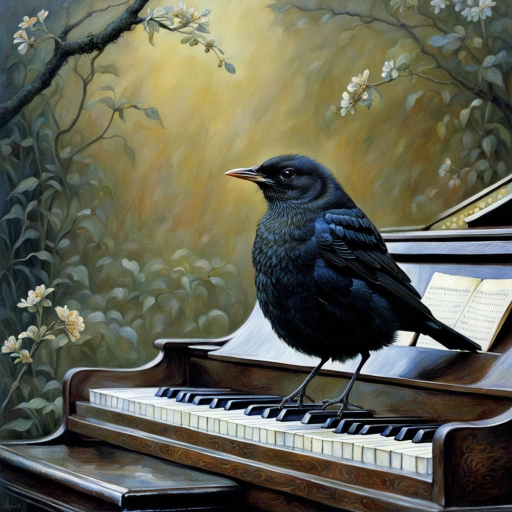 Blackbird Chick on Piano, Illustrative Fantasy Art