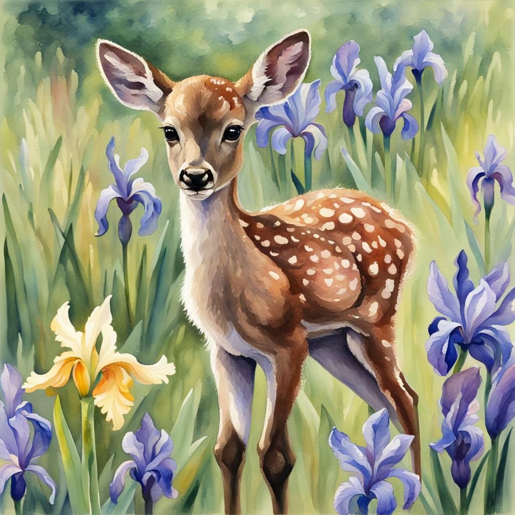 Cute Deer Calf Among Irises Watercolor Painting