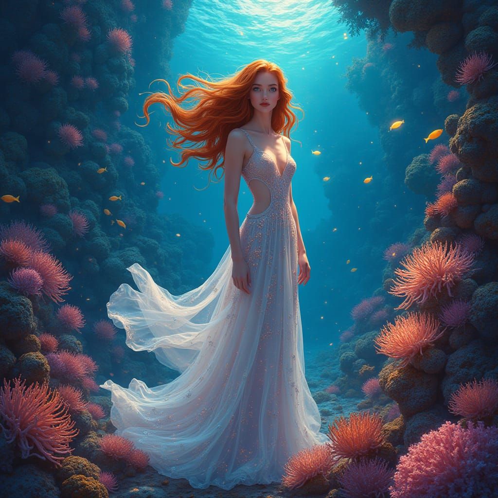 Bioluminescent Coral Reef: Serene Woman in Cosmic Surrealism