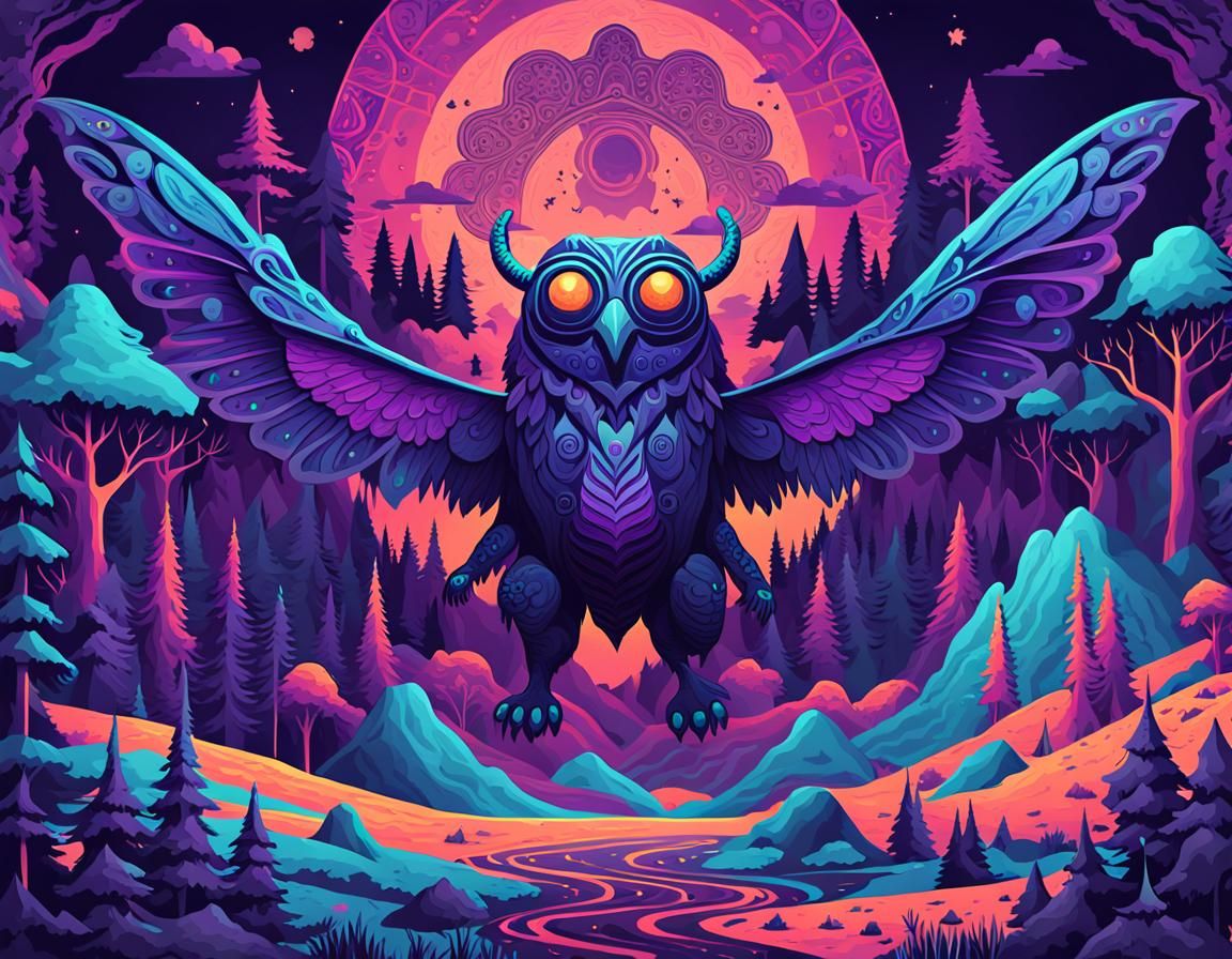 Mothman in Intricate Psychedelic Landscape Style