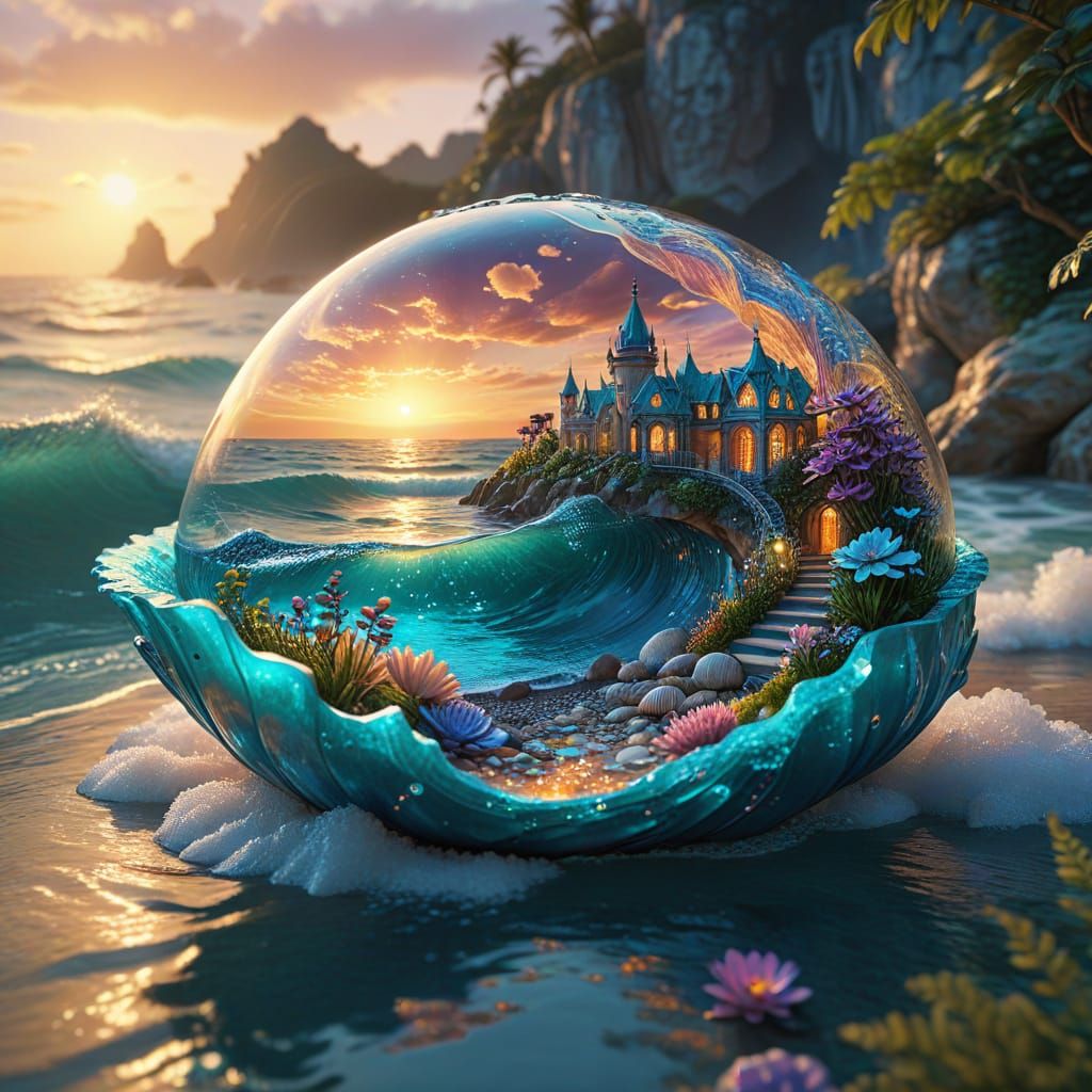 Magical Seashell Palace Floating on Ocean Waves at Sunset