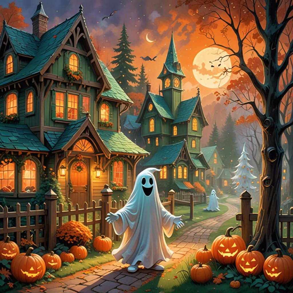 Friendly Cartoon Ghost Asks for Candy on Halloween