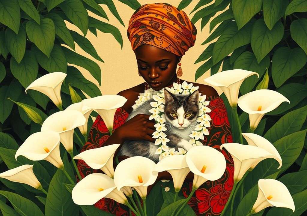 African Woman with Cat in Hanafuda Card Style